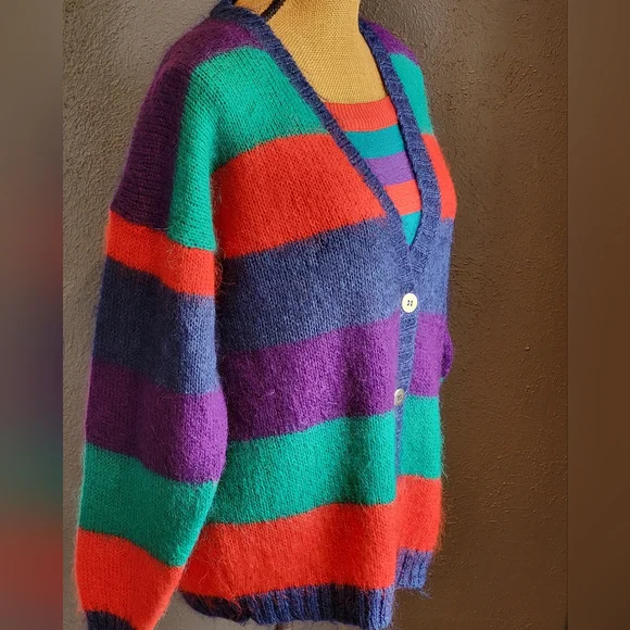 Knit Knit Acrylic & Mohair Striped Cardigan With Matching Knit Tank Top Large - Picture 2 of 15